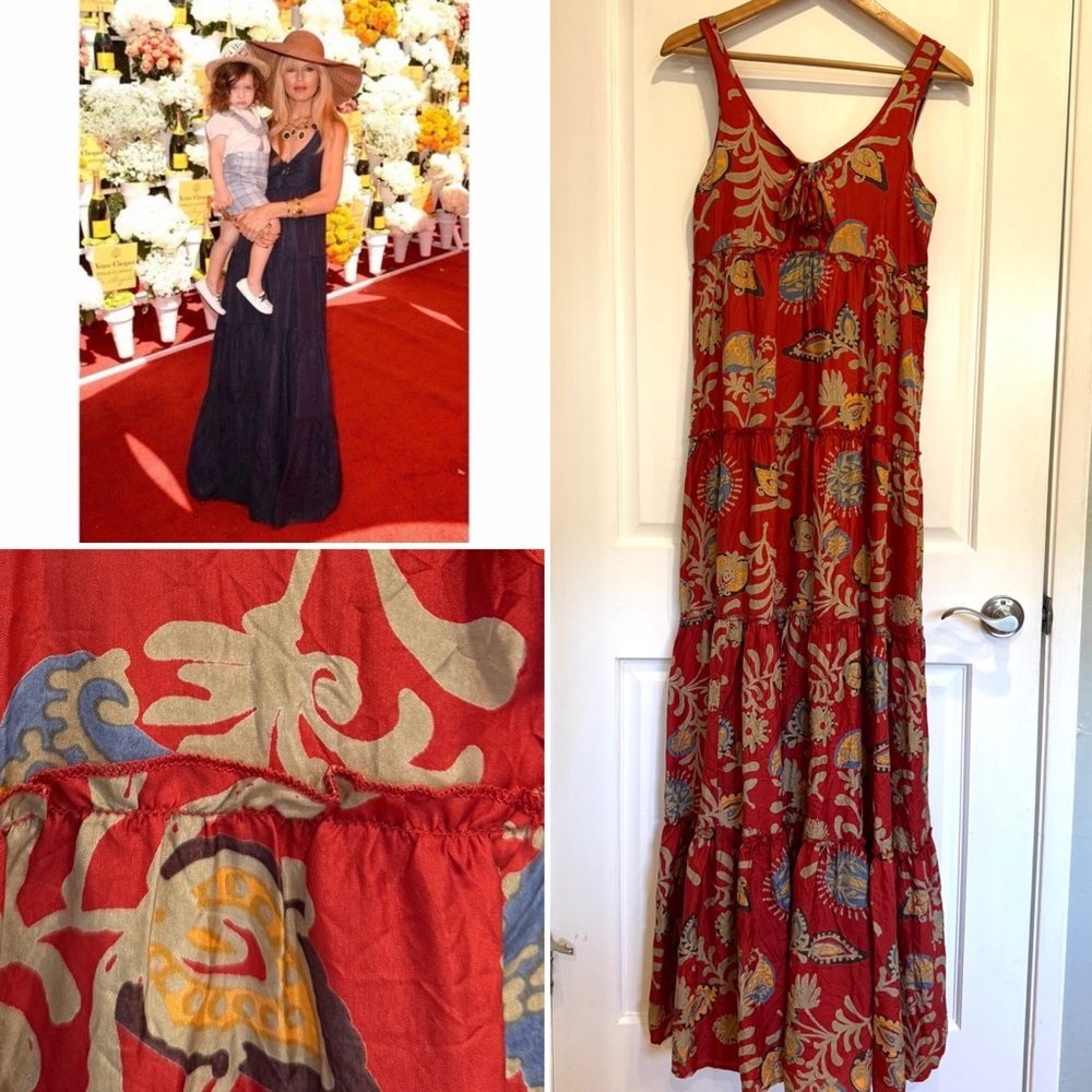 Calypso Saint Barth 100% silk Red and Cream maxi tiered Floral dress size xs